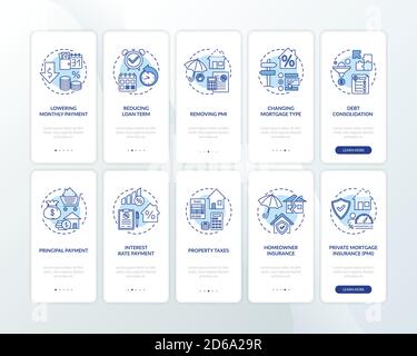 Loan refinancing benefits onboarding mobile app page screen with concepts set Stock Vector