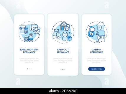 Mortgage refinance types onboarding mobile app page screen with concepts Stock Vector