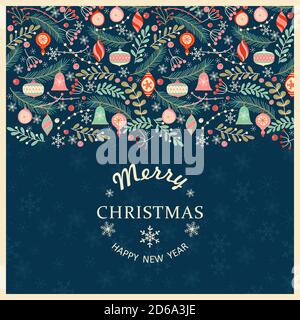 Merry Christmas, Happy New Year greeting card with frame. Brochure, poster templates in Christmas style. Beautiful design and layout. Stock Vector