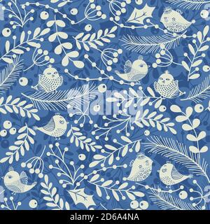 Christmas seamless pattern with birds, twigs, holly leaves and berries for greeting cards, wrapping papers. Vector illustration. Stock Vector