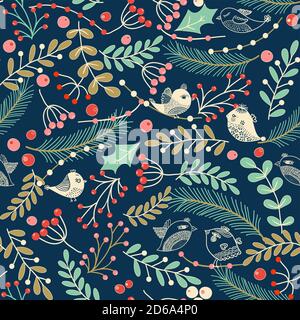Christmas seamless pattern with birds, twigs, holly leaves and berries for greeting cards, wrapping papers. Vector illustration. Stock Vector