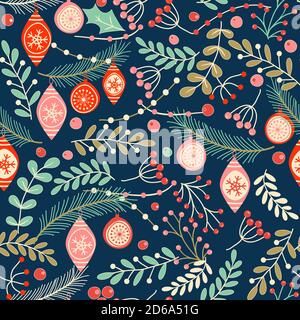 Merry Christmas, Happy New Year seamless pattern with toys, fir cone, holly leaves and berries for greeting cards, wrapping papers. Seamless pattern. Stock Vector