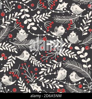 Christmas seamless pattern with birds, twigs, holly leaves and berries for greeting cards, wrapping papers. Vector illustration. Stock Vector