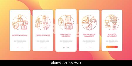 Telemedicine services types onboarding mobile app page screen with concepts Stock Vector