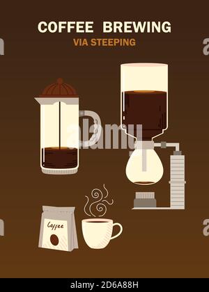 coffee brewing methods, syphon french press cup and pack product vector illustration Stock Vector