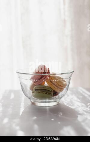 Colorful French Macaroons in a glass bowl on white background, vertical. Sweet addiction, sweet foods Stock Photo