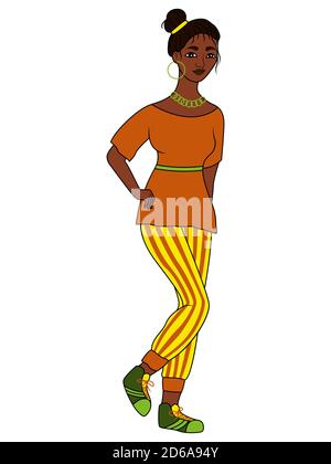 Mulatto cartoon girl in summer blouse and striped pants isolated on white background, vector made as child's drawing Stock Vector