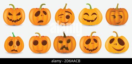 Halloween pumpkin with happy face on white background. Vector cartoon Illustration. EPS10. set of 10. Stock Vector