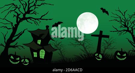 Happy Halloween. Witch house, pumpkin, tree and moon with happy face on green dark night background. Vector Illustration. EPS10 Stock Vector