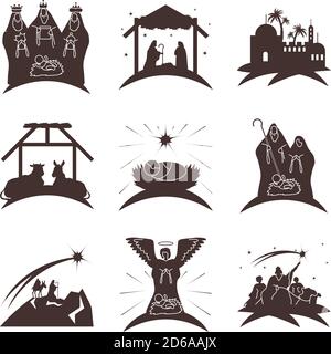 nativity, manger characters traditional celebration religious icons set vector illustration Stock Vector