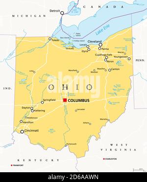 Ohio, OH, political map. State in East North Central region of Midwestern United States of America. Capital Columbus. The Buckeye State. Stock Photo