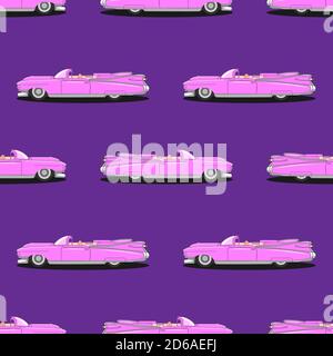 seamless retro pink car pattern on purple background. Vector image Stock Vector