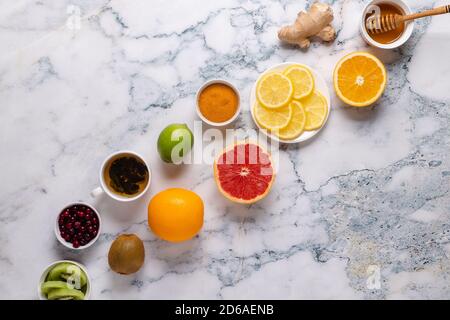 Healthy products for Immunity boosting and cold remedies, top view. Stock Photo