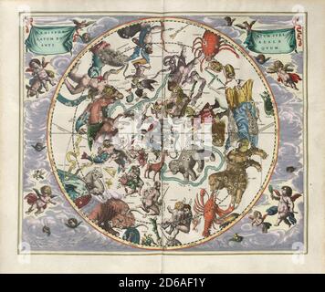 Title: The northern stellar hemisphere of antiquity. Engraving from Harmonia Macrocosmica Creator: Andreas Cellarius Date: c. 17th Medium: hand coloured engraving Location: The British Library Stock Photo