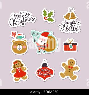 Collection of Christmas stickers with cute letterings, character designs and elements. Eps10 vector illustration. Stock Vector