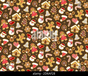 Christmas seamless pattern with gingerbread cookies isolated on dark brown background. Warm colors. EPS 10 vector illustration. Stock Vector