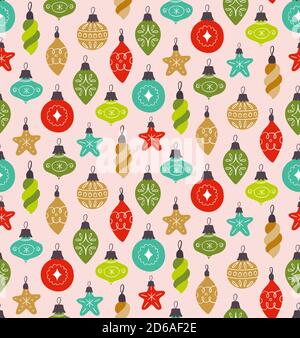 Christmas seamless pattern with cute decorative ball ornaments, isolated on pink background. EPS 10 vector illustration. Stock Vector