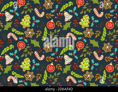 Christmas seamless pattern with seasonal leaves; branches and cookies. Dark blue background. EPS 10 vector illustration. Stock Vector