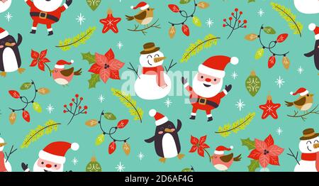 Christmas seamless pattern with cute christmas characters and plants. Turquoise background. EPS 10 vector illustration. Stock Vector