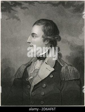 Antique c1870 engraving, Richard Montgomery. Richard Montgomery (1738-1775) was an Irish soldier who first served in the British Army. He later became a major general in the Continental Army during the American Revolutionary War. SOURCE: ORIGINAL ENGRAVING Stock Photo