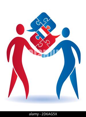 French  business Conversation. Two businessmen shaking hands and  Puzzle bubble talk with a French flag. Vector available. Stock Vector