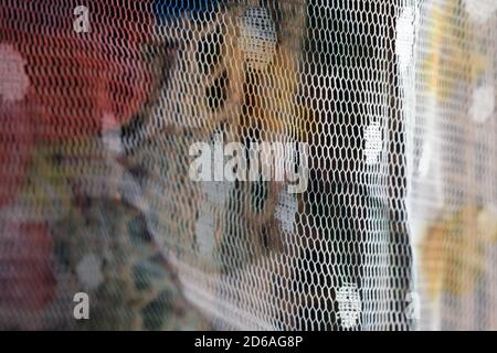 Old tulle on the window, blurred background. Close-up of mesh curtain. Tulle on the window texture. Stock Photo