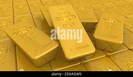 The highest standard gold bars. Lots of ingots of 999.9 Fine Gold lie in a row. 3D illustration Stock Photo