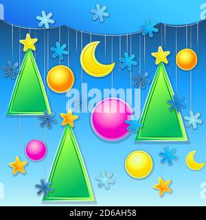 vector christmas background with christmas trees, ball and snowflakes Stock Vector