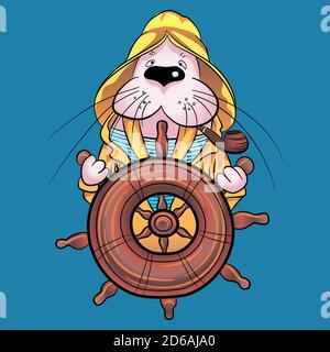 Cute walrus captain in sailor suit at the helm of the ship, cartoon hand drawn vector illustration Stock Vector