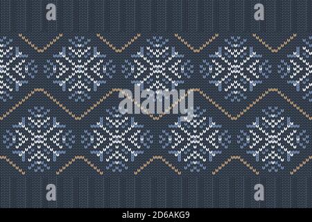 Vector seamless Knitting Pattern in blue, white colors with snowflakes Stock Vector