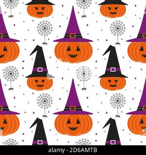 Halloween pumpkin in witch hat seamless pattern Stock Vector