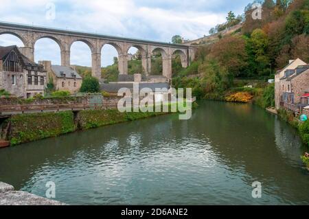 Dinan France -November 05, 2014: View of the viaduct of Dinan Lanvallay in Port Dinan, the picturesque harbor of the medieval town of Dinan on the Riv Stock Photo