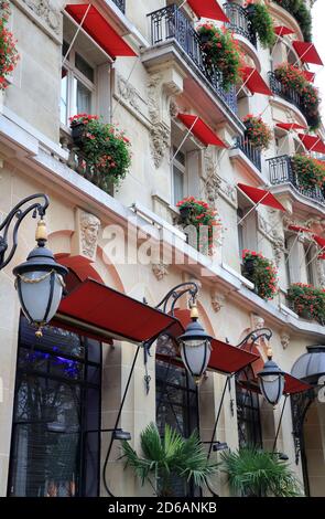 Exterior view of Hotel Plaza Athénée the historic landmark hotel in Avenue Montaigne.Paris.France Stock Photo