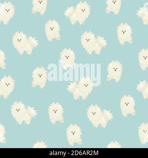 White fluffy cute cartoon happy dog on blue background seamless pattern Stock Vector