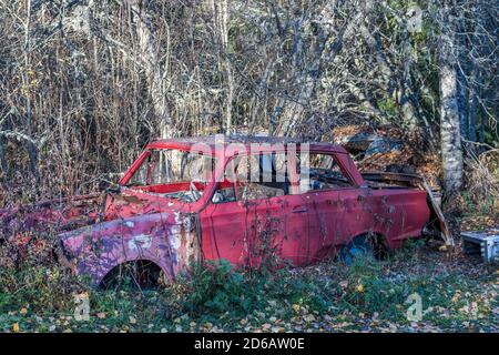 Car cemetery during autumn in Sweden Stock Photo