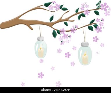 Greeting card for the holiday of spring, March 8, Chinese New Year, sakura with lanterns Stock Vector