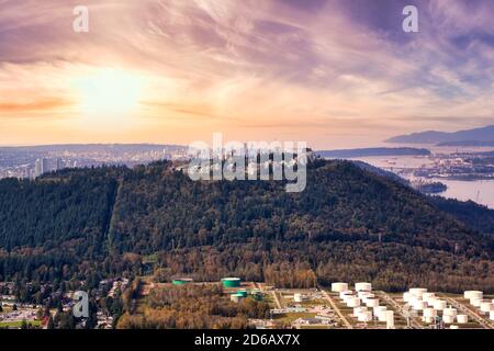 Aerial view of Burnaby Mountain during a vibrant sunset Stock Photo