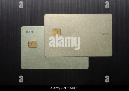Business Card MockUp US Standard 3.5 x 2 inches . Golden Rough Paper Cards Isolated on a Black Background. Stock Photo