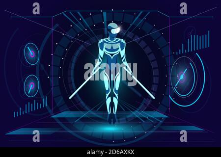 Virtual reality gaming in headset concept. Man with neon swords wearing VR glasses helmet and soar on HUD style abstract digital background. Futuristic technology vector illustration Stock Vector