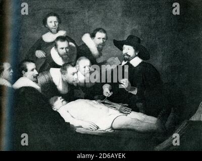 The Anatomy Lesson of Dr. Nicolaes Tulp is an oil painting on canvas by Rembrandt housed in the Mauritshuis museum in The Hague, the Netherlands. The painting is regarded as one of Rembrandt's early masterpieces. Rembrandt painted this group portrait of seven surgeons and the physician Nicolaes Tulp in 1632. The painting is one of a series of group portraits that were made for the board room of the Guild of Surgeons, the earliest of which dates from 1603. Rembrandt Harmenszoon van Rijn (1606-1669) was a Dutch draughtsman, painter, and printmaker. An innovative and prolific master in three medi Stock Photo