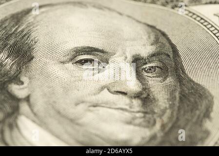 macro of 100 dollar bill with Benjamin Franklin Stock Photo