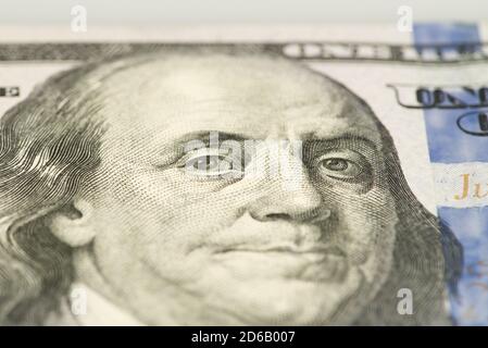 macro of 100 dollar bill with Benjamin Franklin Stock Photo