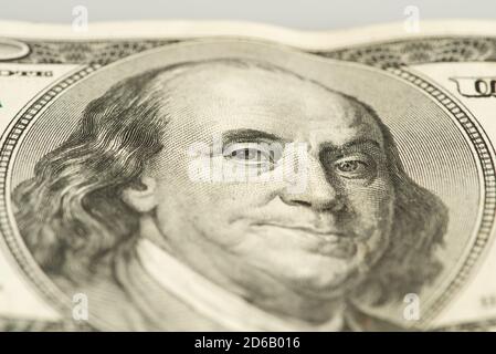 macro of 100 dollar bill with Benjamin Franklin Stock Photo