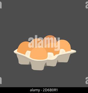 Six chicken eggs in a carton box. Vector flat illustration on black background. Stock Vector