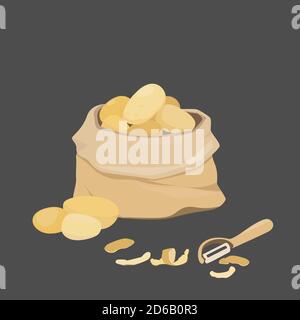A bag of potatoes, potato peels, peeler. Vector flat illustration Stock Vector