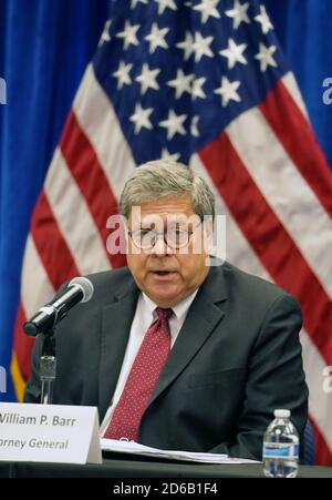 St. Louis, United States. 15th Oct, 2020. United States Attorney General William Barr makes his remarks as he meets with law enforcement officials during a roundtable discussion at the Thomas Eagleton Ferderal Courthouse in St. Louis on Thursday, October 15, 2020. Barr was in St. Louis, visiting nine U.S. cities as part of Operation Legend, where nearly 1000 federal agents are assisting cities with their crime problems. Photo by Bill Greenblatt/UPI Credit: UPI/Alamy Live News Stock Photo