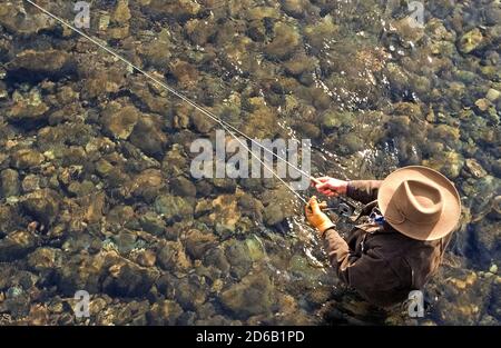 Viewed from overhead is a fly fisherman standing in the crystal-clear water of a mountain river near Sun Valley, Idaho, USA. Anglers especially enjoy casting with their fly rods into the clean freshwater streams and rivers to catch cutthroat, rainbow and other trout species that are plentiful in this scenic northwestern state.