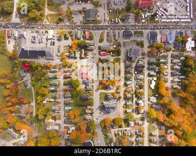 Lincoln Main Street at town center on Kancamagus Highway top view with fall foliage, Town of Lincoln, New Hampshire NH, USA. Stock Photo