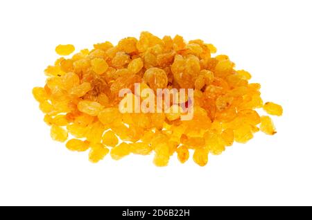 Bunch of light golden raisins isolated on white background. Stock Photo