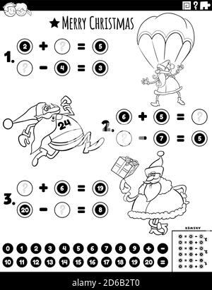 Black and White Cartoon Illustration of Educational Mathematical Addition and Subtraction Puzzle Task with Santa Christmas Characters Coloring Book Pa Stock Vector